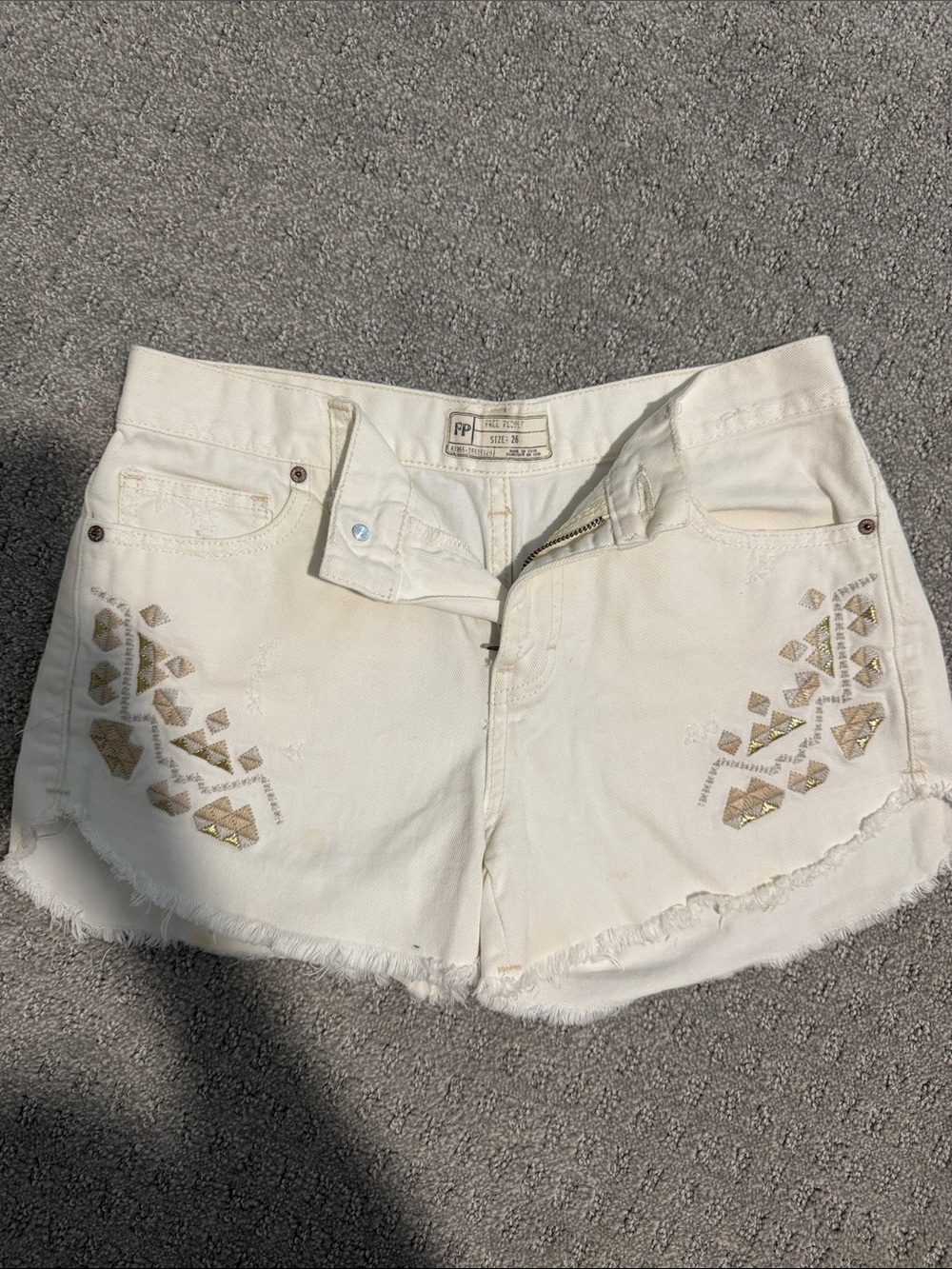 Free People Cream Denim Shorts with Gold Embellishment
